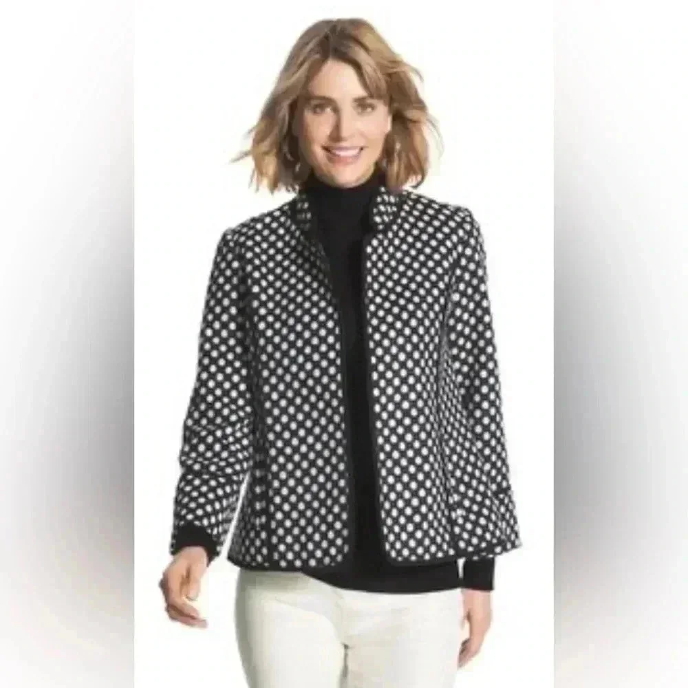 Chicos Polka Dot Plush Jacket Open Front Pockets Black White Collared - Picture 2 of 14